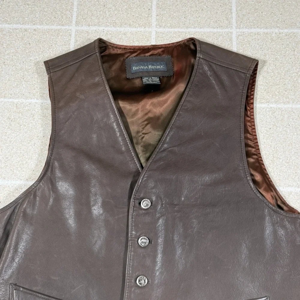 Vtg Banana Republic Brown Leather Hunting Vest Animal Buttons Sz L Buckle Back